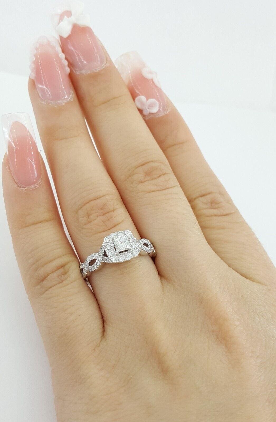 Neil Lane Princess Halo Diamond Crossover Engagement Ring 14K W Gold .65ct 2.7k