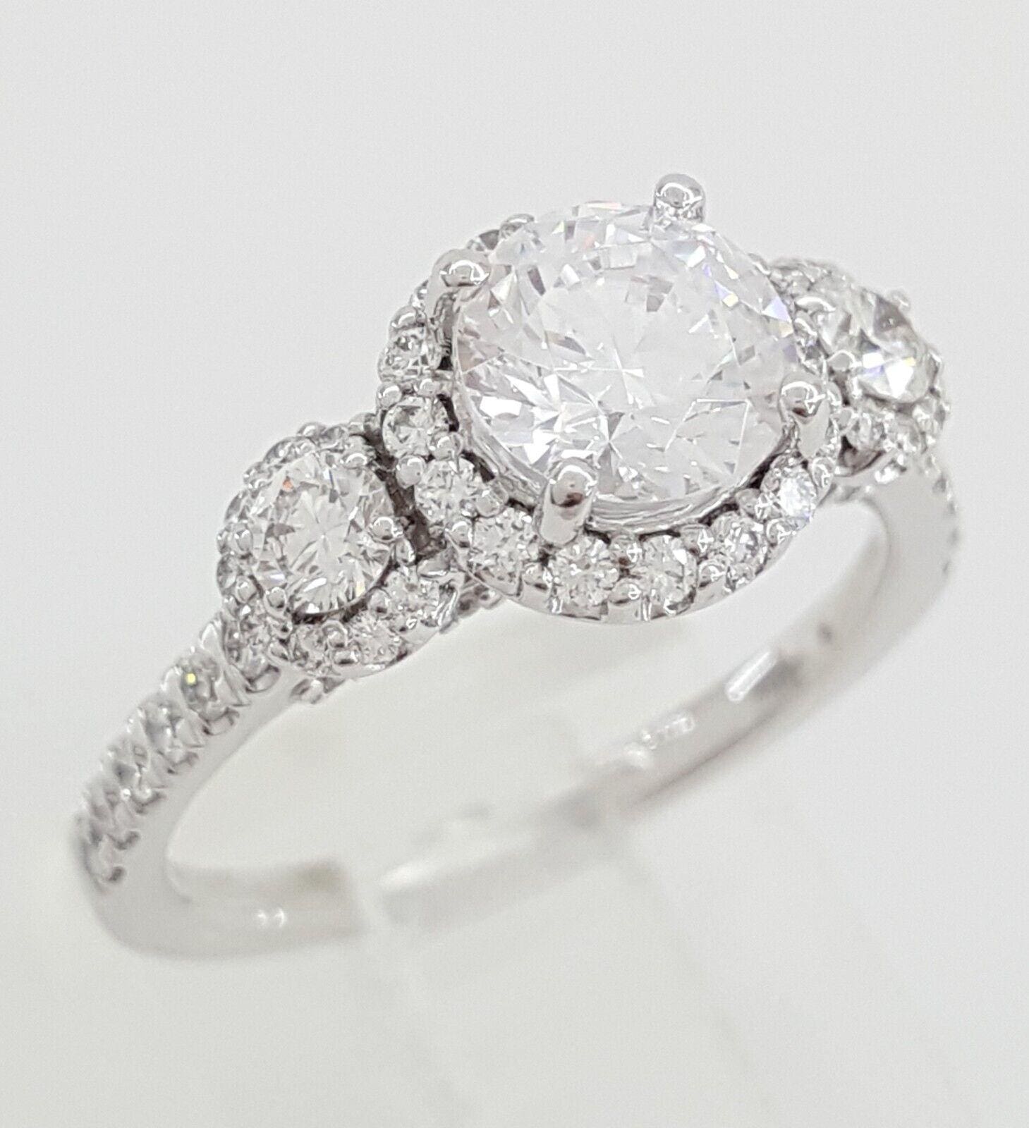 Ritani Semi-Mount 3-Stone Halo Diamond Engagement Ring 0.75 ct 18k White Gold