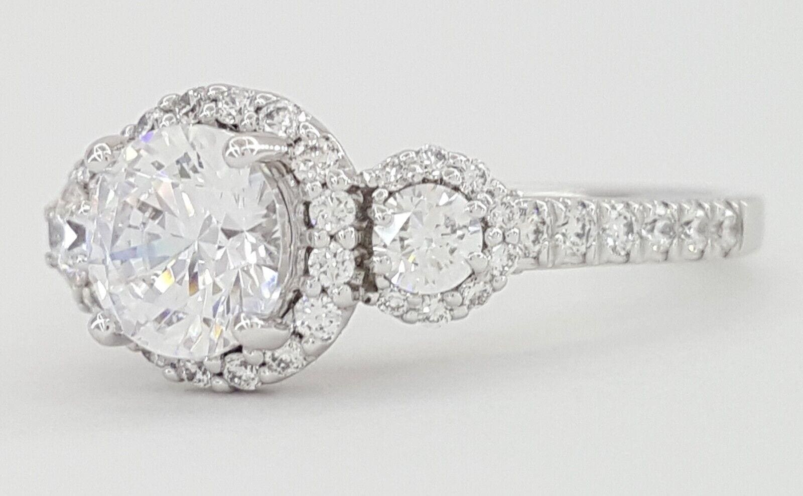 Ritani Semi-Mount 3-Stone Halo Diamond Engagement Ring 0.75 ct 18k White Gold