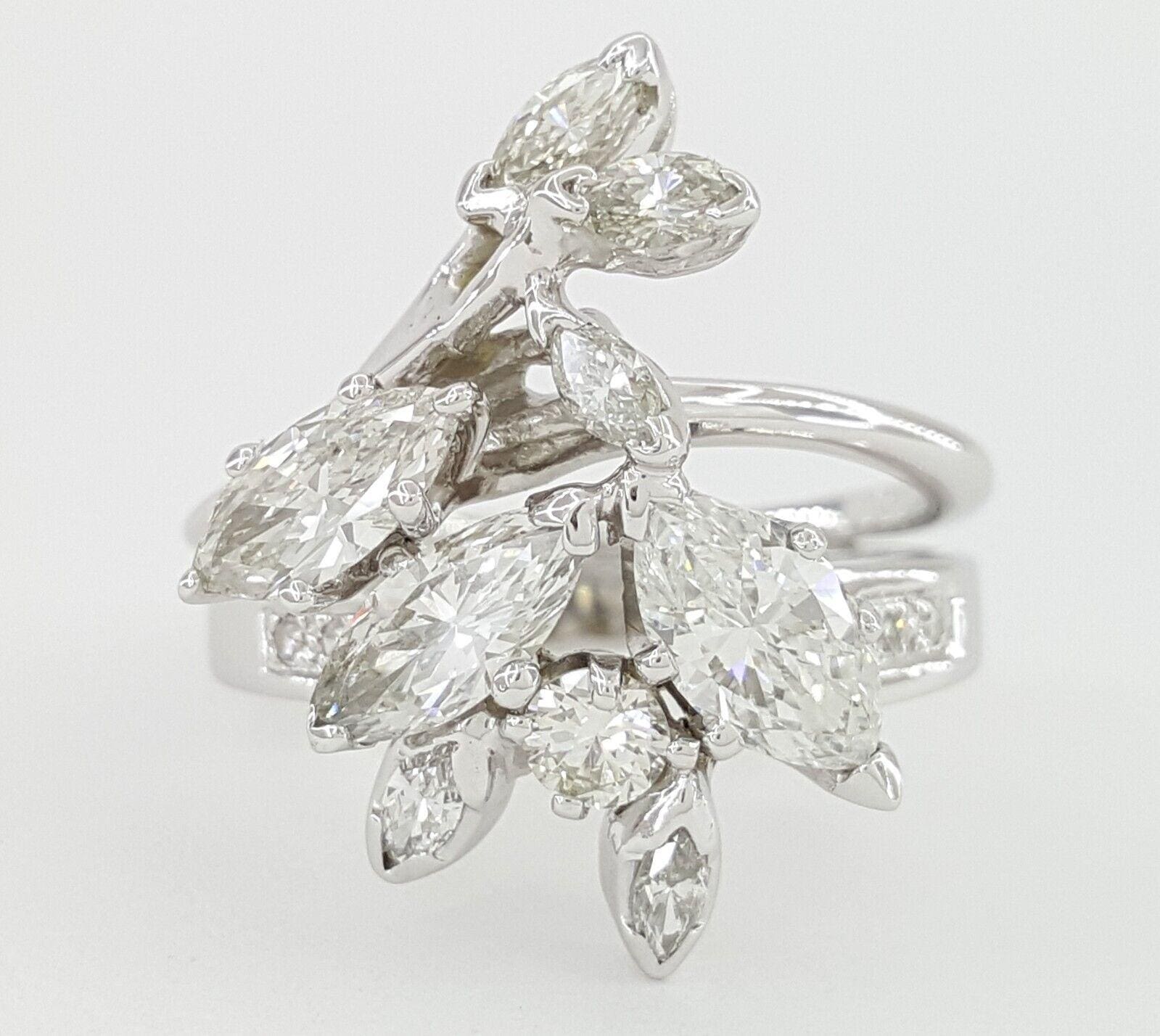 Vintage Marquise & Round Diamond Cocktail Statement Ring 1.8 ct 14k White Gold