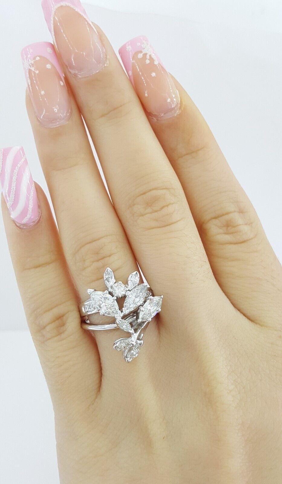 Vintage Marquise & Round Diamond Cocktail Statement Ring 1.8 ct 14k White Gold