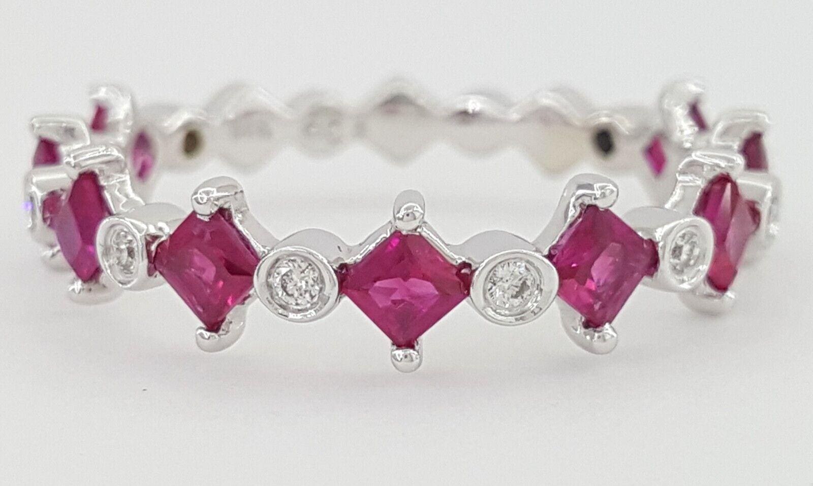 Square Ruby & Round Diamond Ring 4.7 mm 1.1 ct 14K White Gold