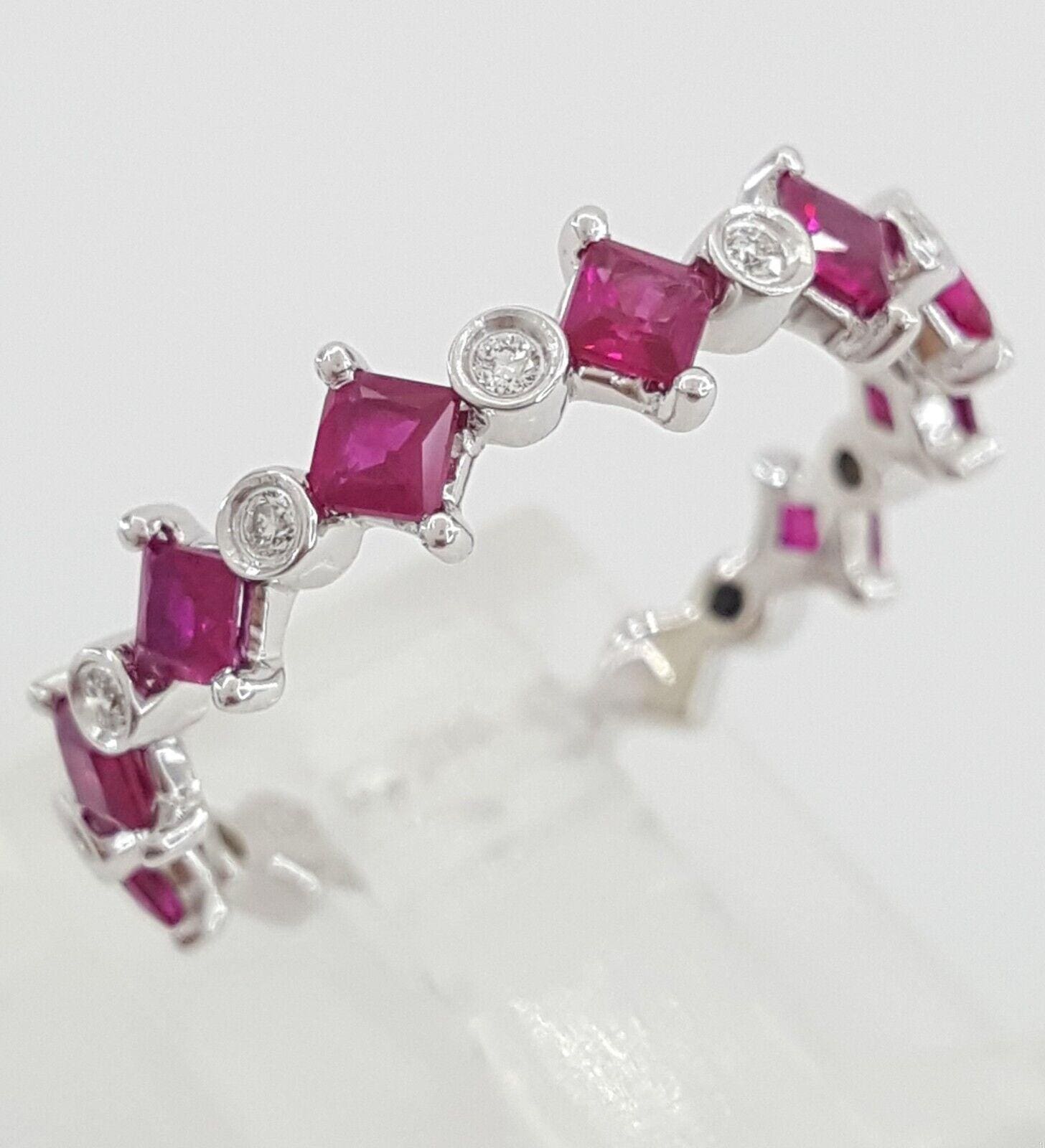Square Ruby & Round Diamond Ring 4.7 mm 1.1 ct 14K White Gold