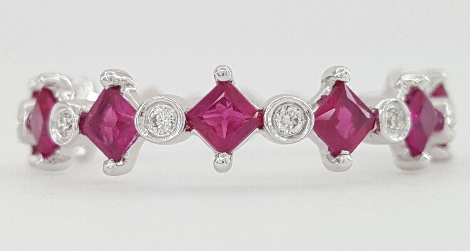 Square Ruby & Round Diamond Ring 4.7 mm 1.1 ct 14K White Gold