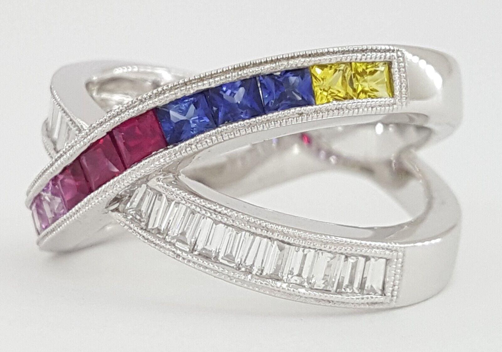 Natural Rainbow Sapphire & Diamond Crossover Ring 14k Gold 1.61 ctw Rtl 3,028