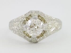 Antique Art Deco Old European Cut Diamond Platinum Engagement Ring 0.87 ct 18k