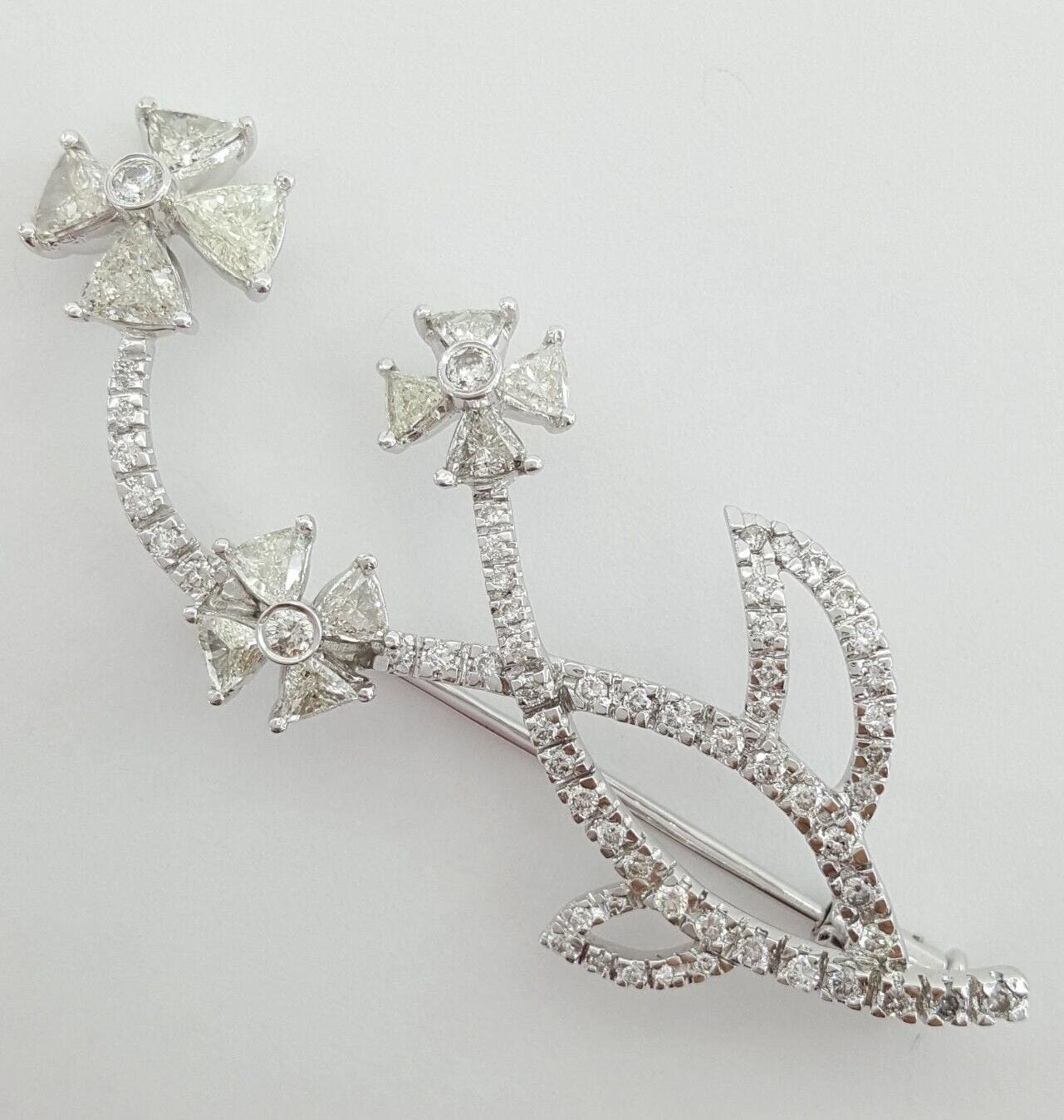 Trillion & Round Diamond Flower Pin Brooch 1.89 ct 6.3 Grams 18k White Gold 2"