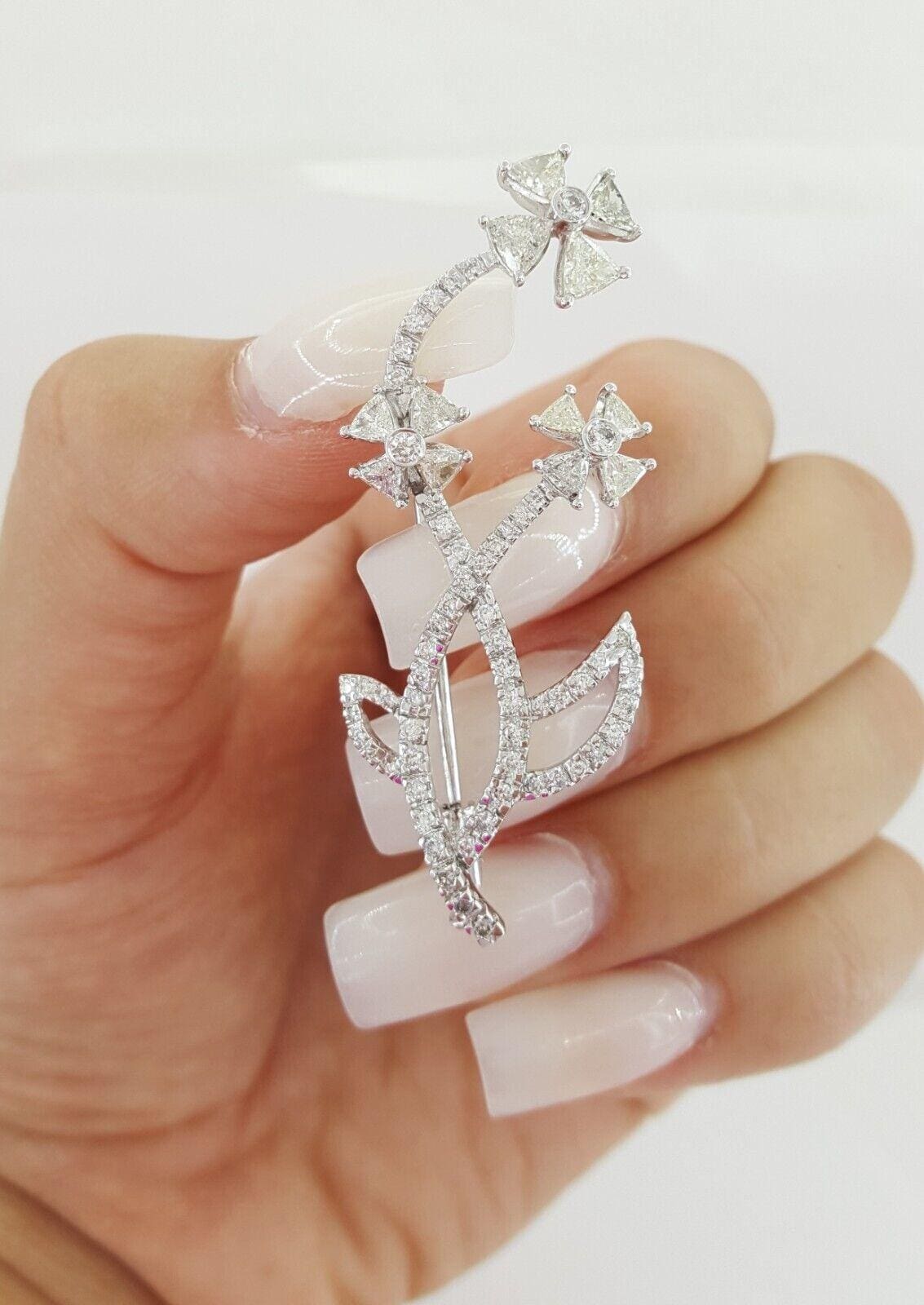 Trillion & Round Diamond Flower Pin Brooch 1.89 ct 6.3 Grams 18k White Gold 2"