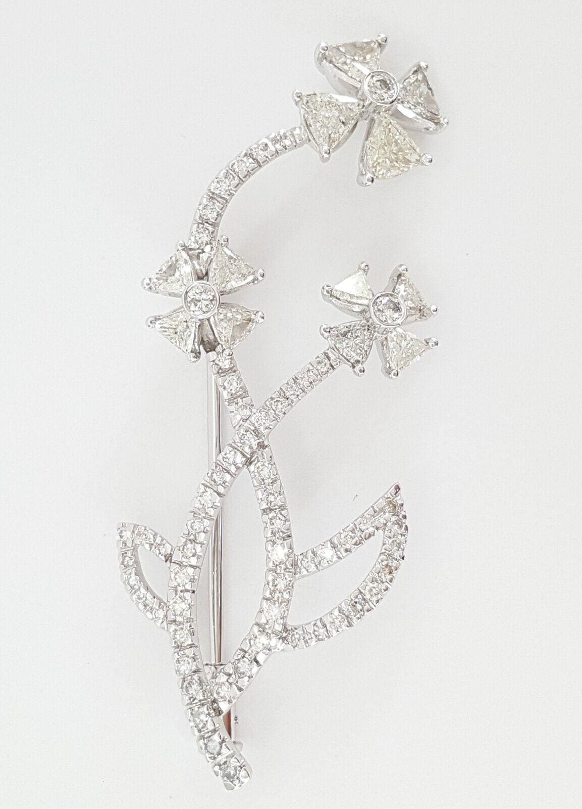 Trillion & Round Diamond Flower Pin Brooch 1.89 ct 6.3 Grams 18k White Gold 2"