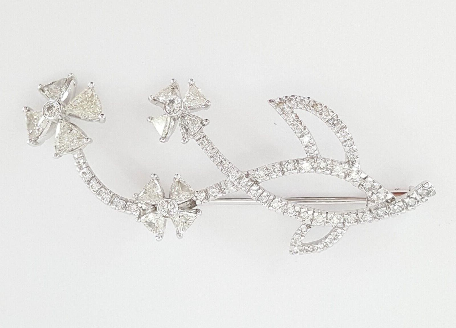 Trillion & Round Diamond Flower Pin Brooch 1.89 ct 6.3 Grams 18k White Gold 2"