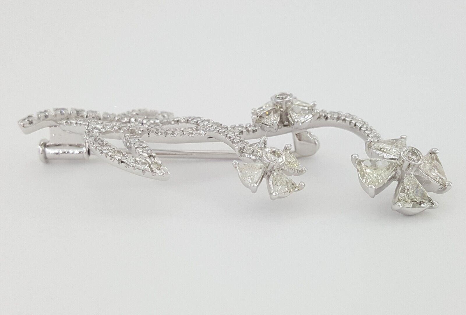 Trillion & Round Diamond Flower Pin Brooch 1.89 ct 6.3 Grams 18k White Gold 2"