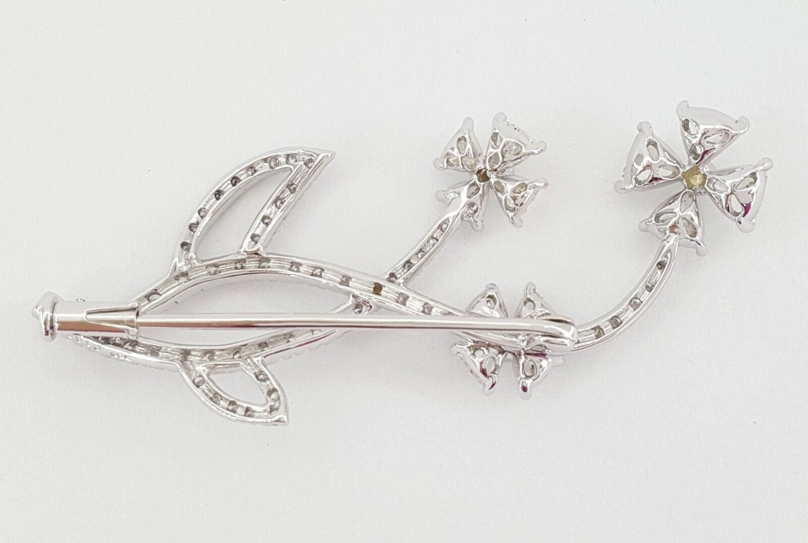 Trillion & Round Diamond Flower Pin Brooch 1.89 ct 6.3 Grams 18k White Gold 2"