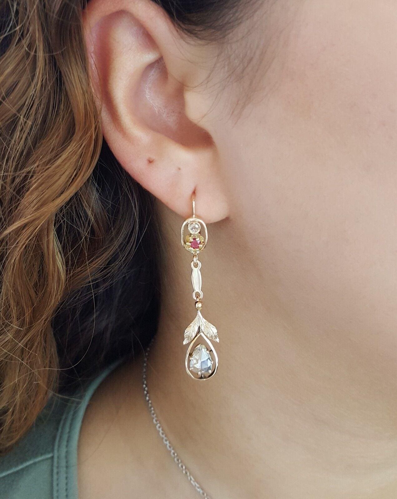 Art Deco Pear Shape Rose Cut Diamond & Ruby 1.8 ct 14k Yellow Gold Earrings