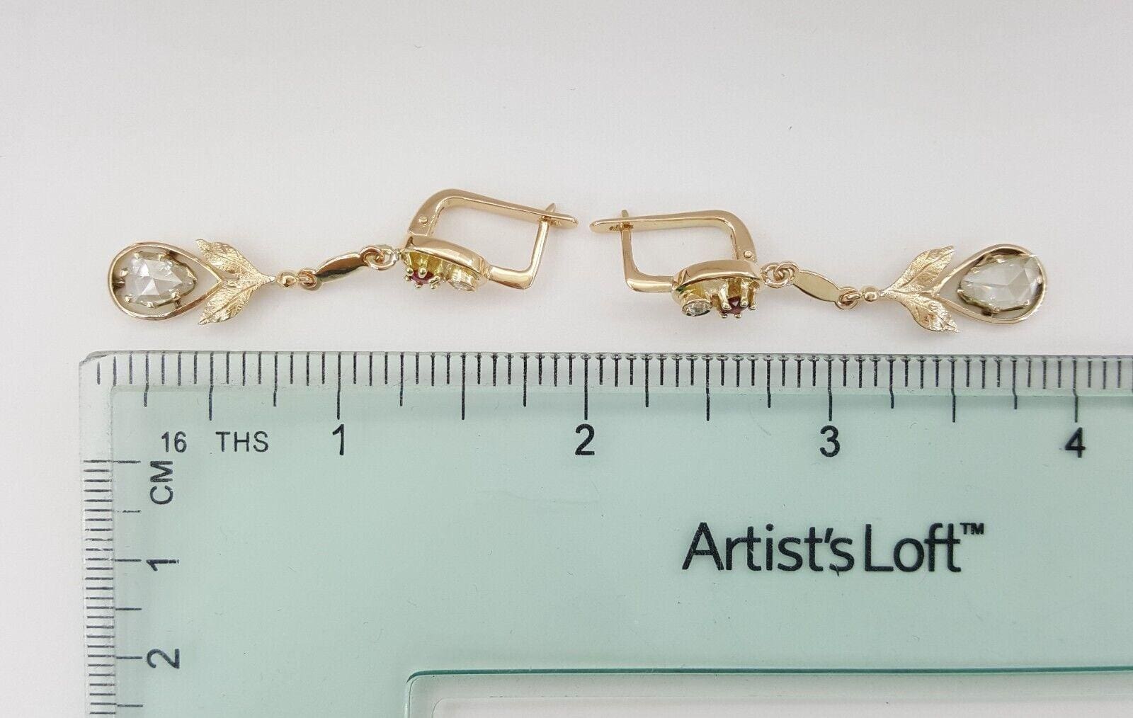 Art Deco Pear Shape Rose Cut Diamond & Ruby 1.8 ct 14k Yellow Gold Earrings