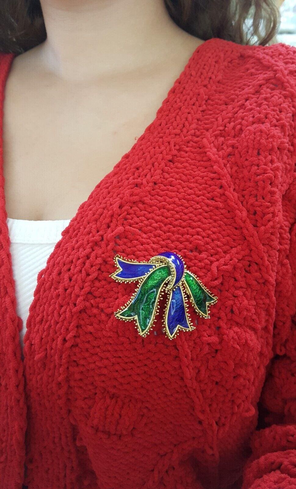 David Webb 18K Yellow Gold Blue & Green Enamel Bow Ribbon Brooch 36.2Gr