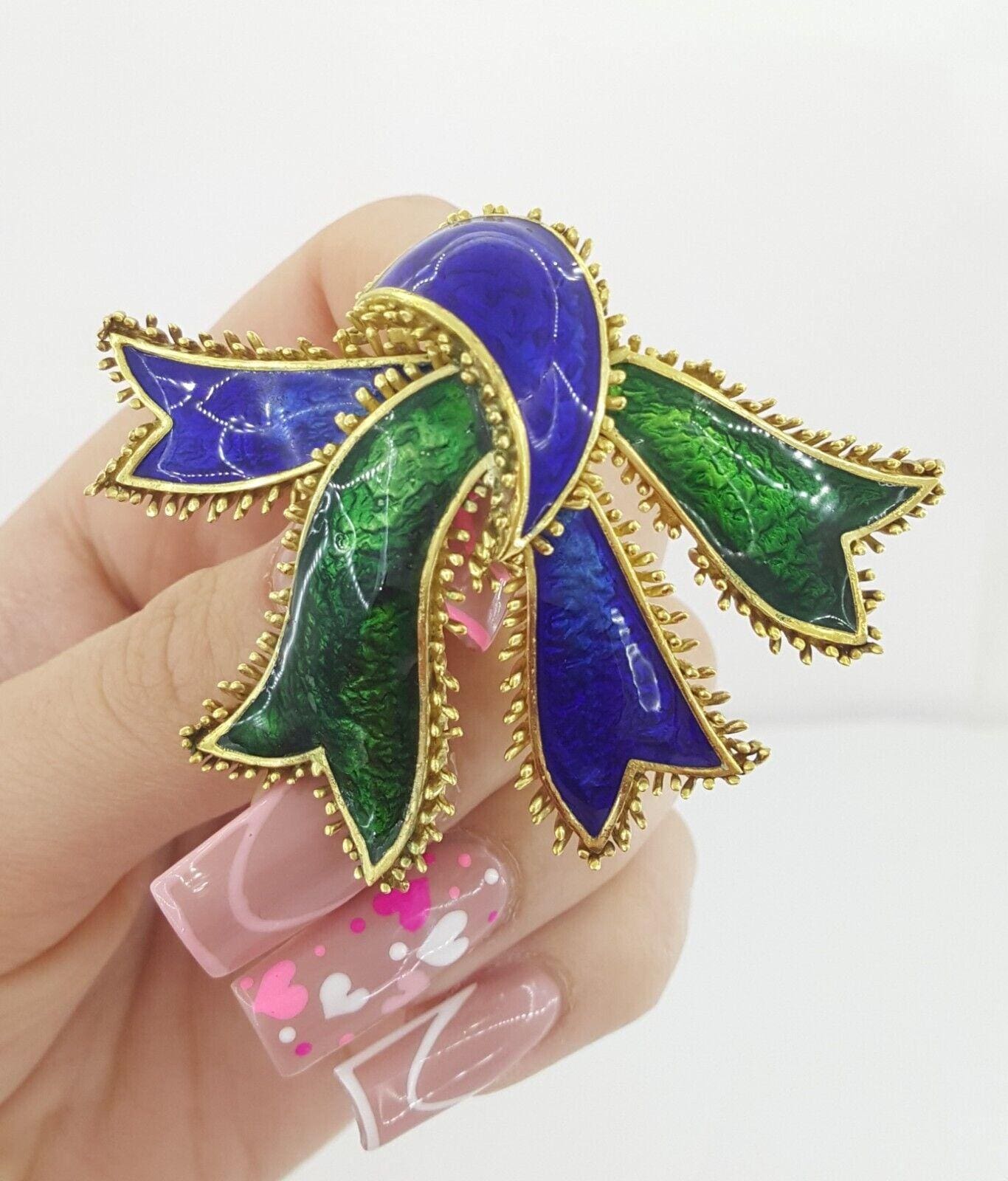 David Webb 18K Yellow Gold Blue & Green Enamel Bow Ribbon Brooch 36.2Gr