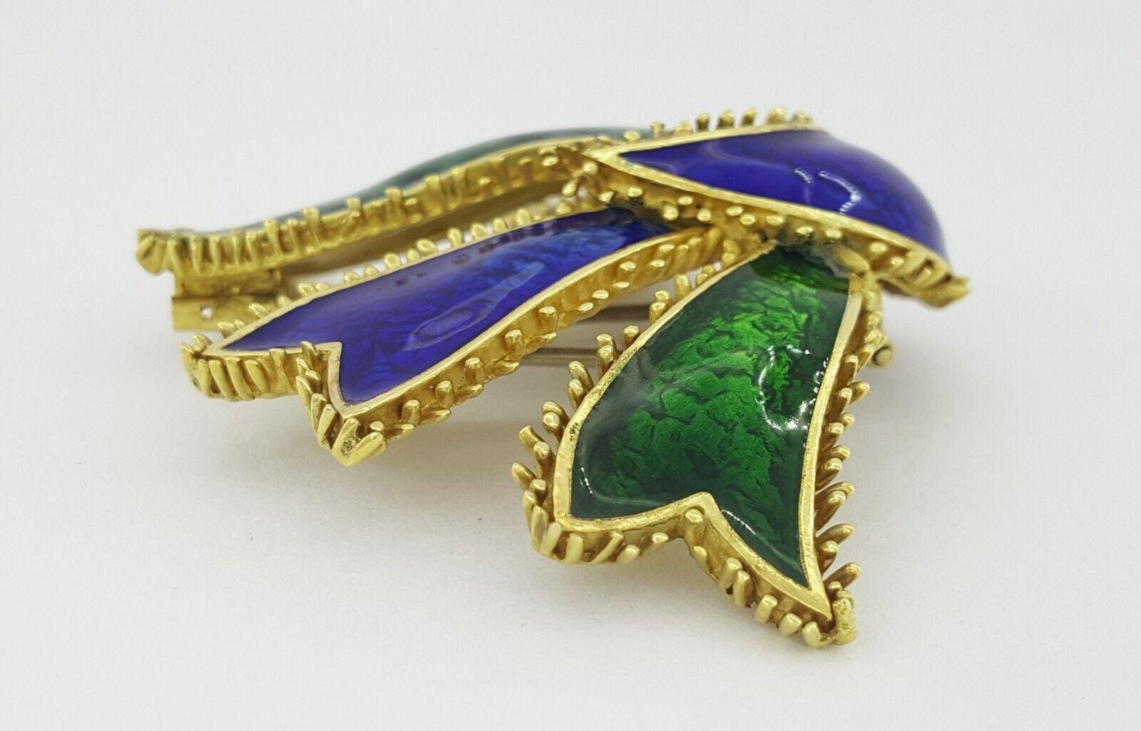 David Webb 18K Yellow Gold Blue & Green Enamel Bow Ribbon Brooch 36.2Gr