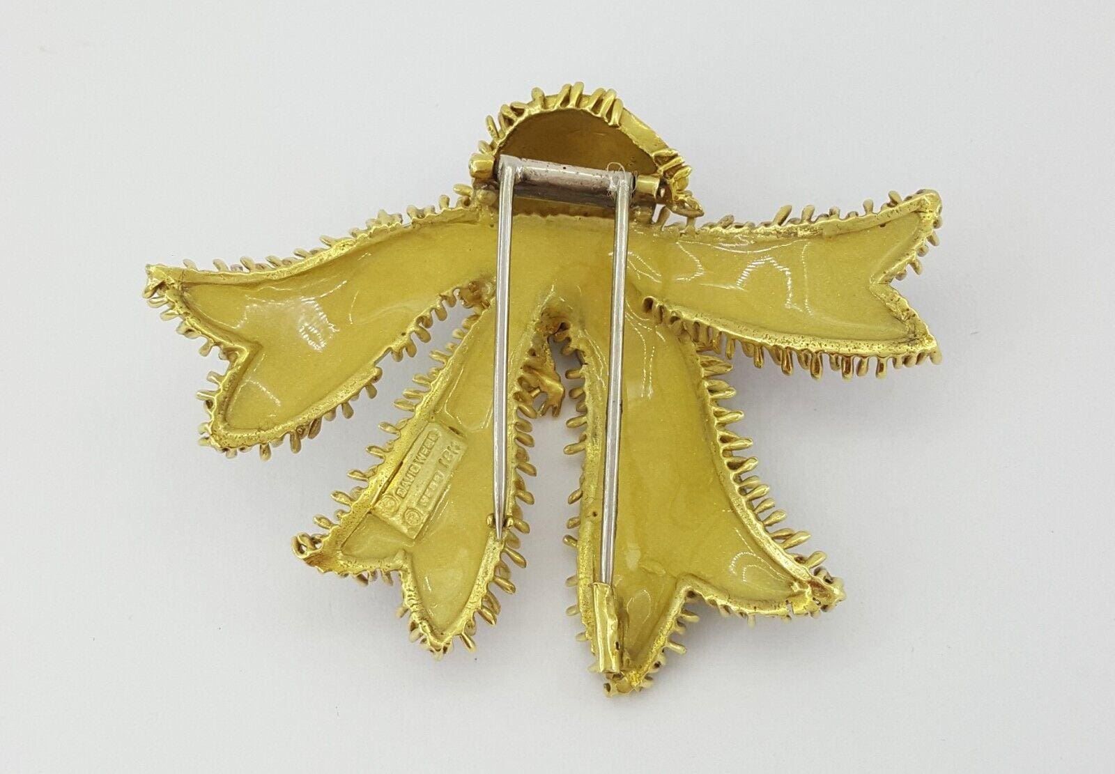 David Webb 18K Yellow Gold Blue & Green Enamel Bow Ribbon Brooch 36.2Gr