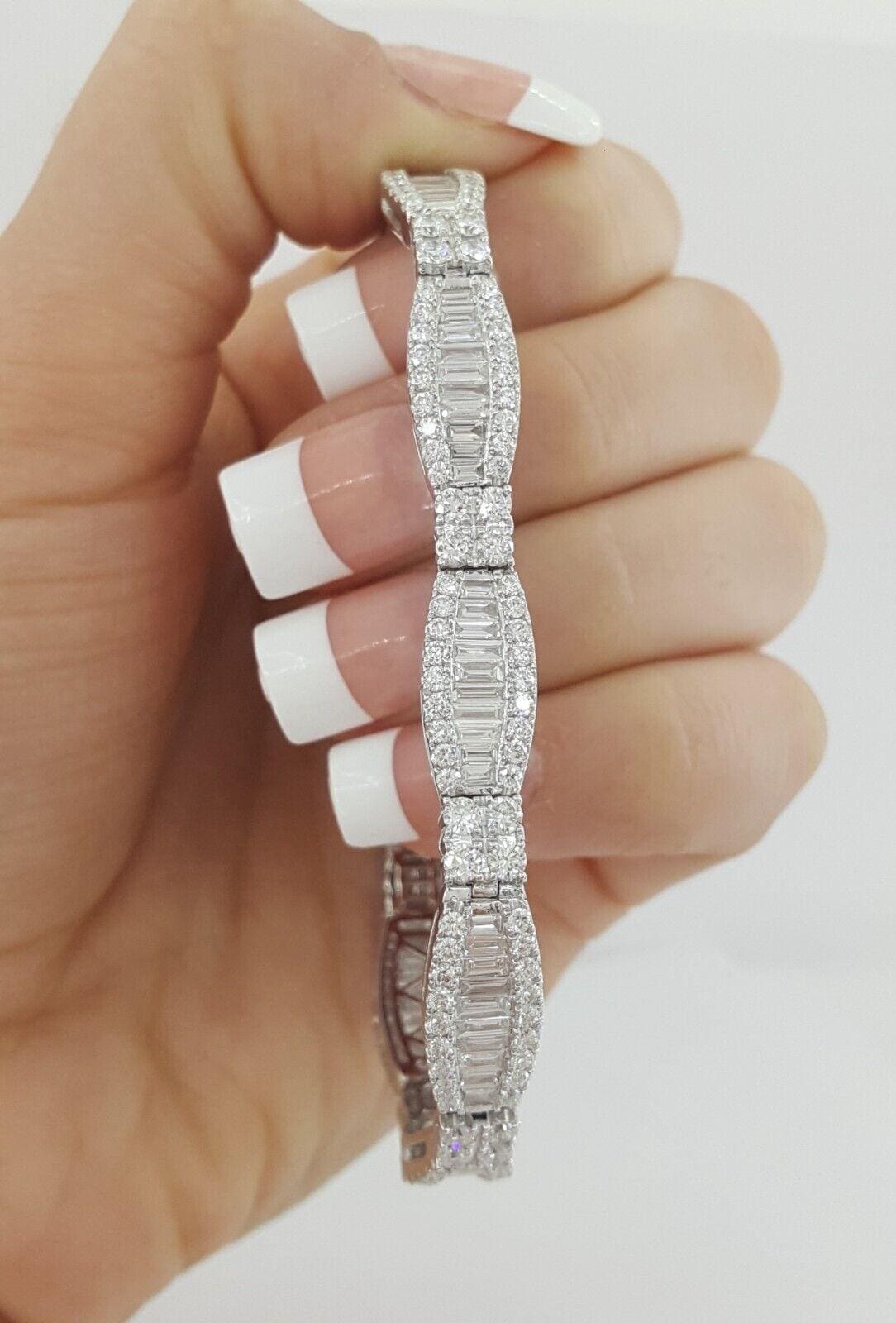 Round & Baguette Diamond Three Row Bracelet 6.95 ct 18k White Gold 7.25"