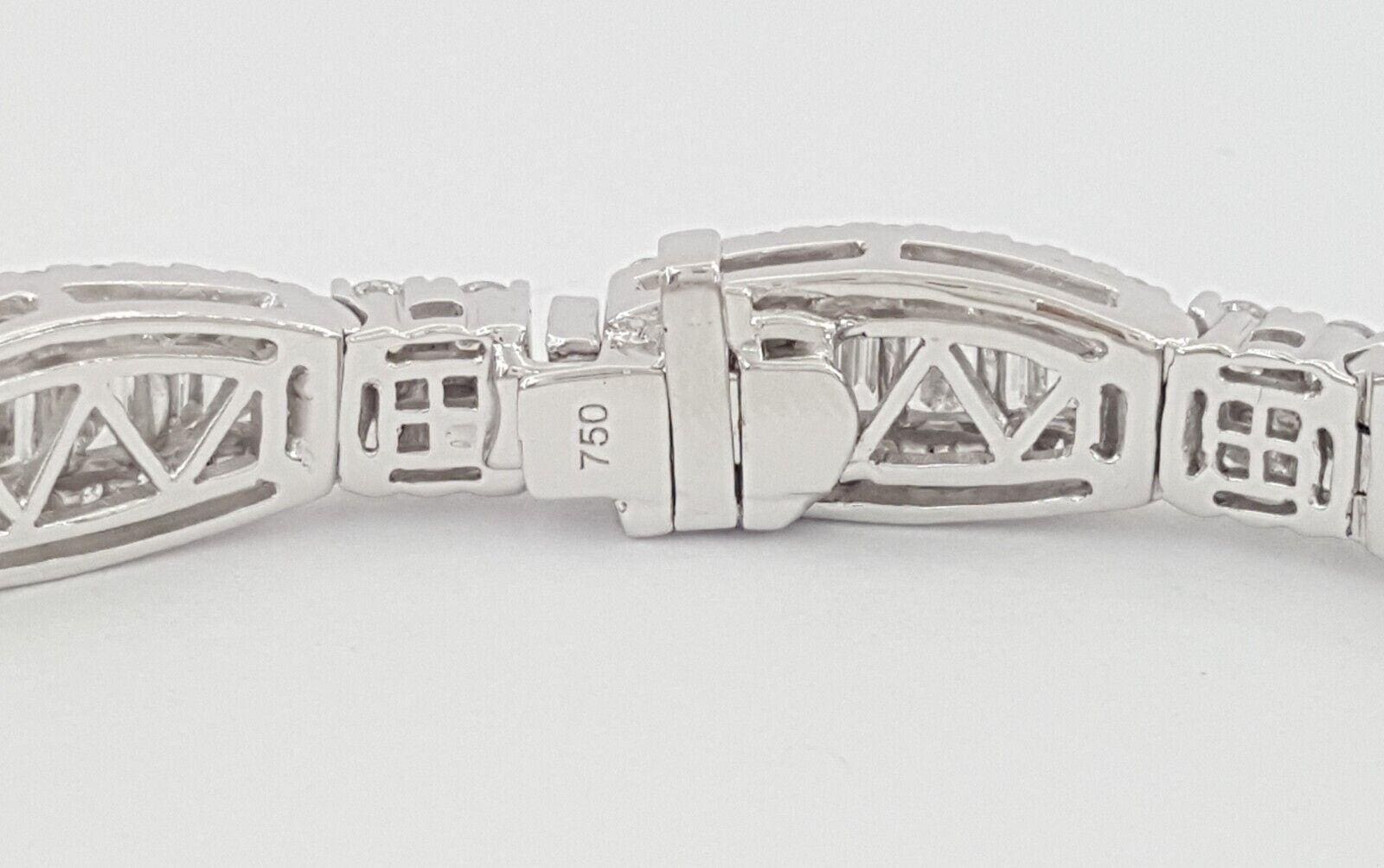 Round & Baguette Diamond Three Row Bracelet 6.95 ct 18k White Gold 7.25"