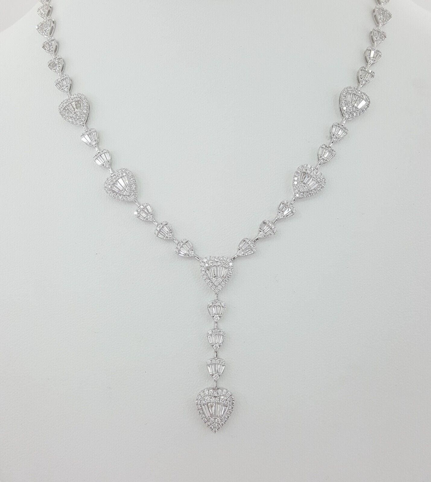 Round Baguette Diamond Heart Shape Drop Lariat Necklace 18K W Gold 7 ct