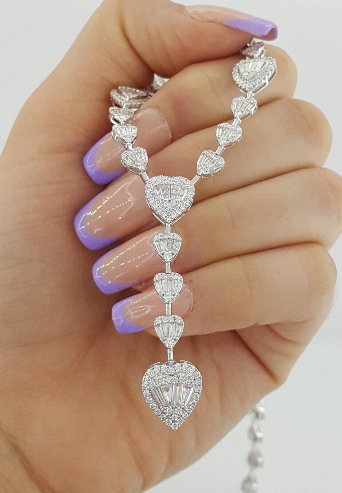 Round Baguette Diamond Heart Shape Drop Lariat Necklace 18K W Gold 7 ct