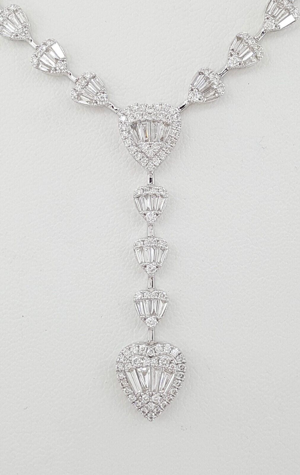 Round Baguette Diamond Heart Shape Drop Lariat Necklace 18K W Gold 7 ct