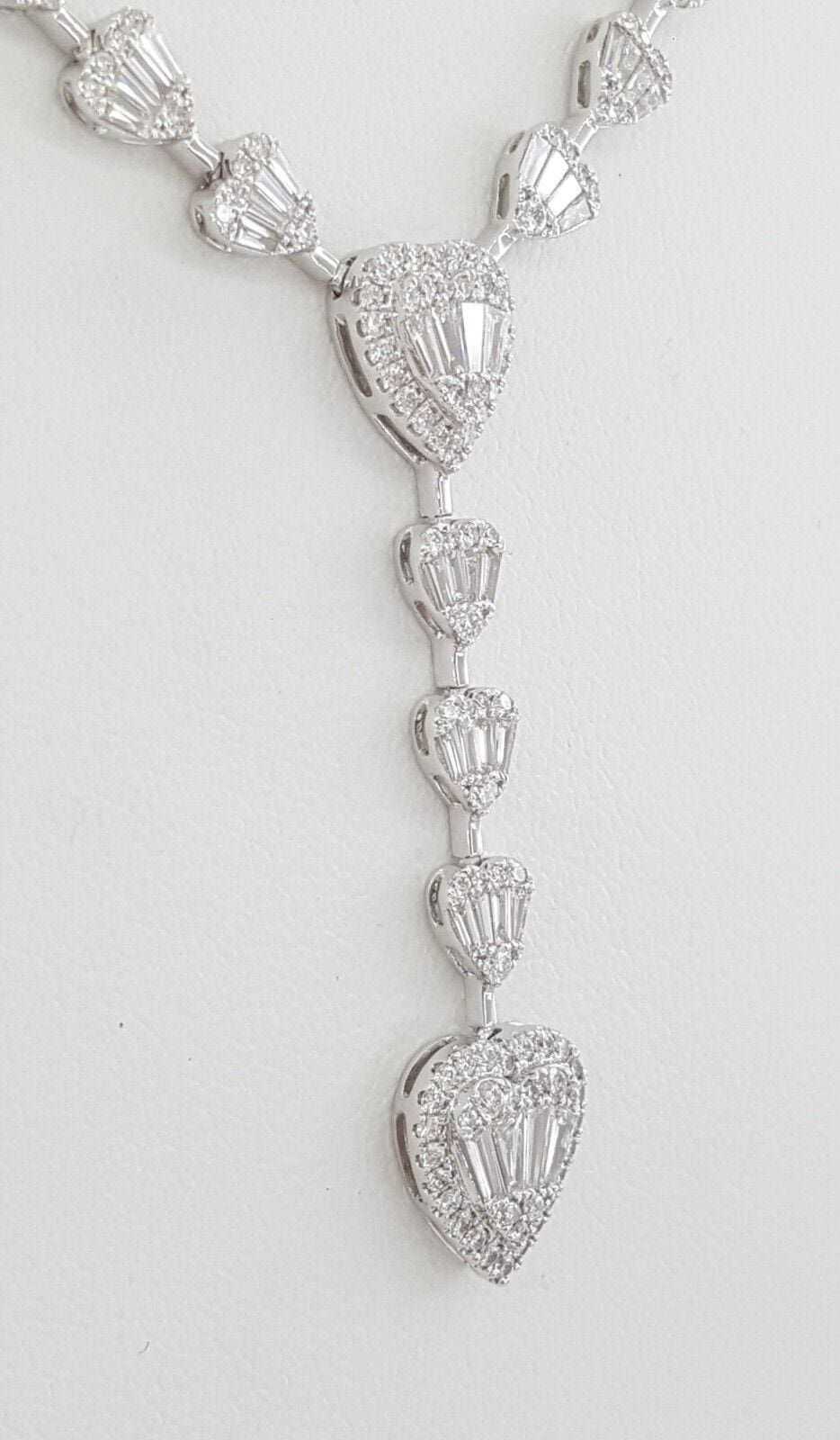 Round Baguette Diamond Heart Shape Drop Lariat Necklace 18K W Gold 7 ct