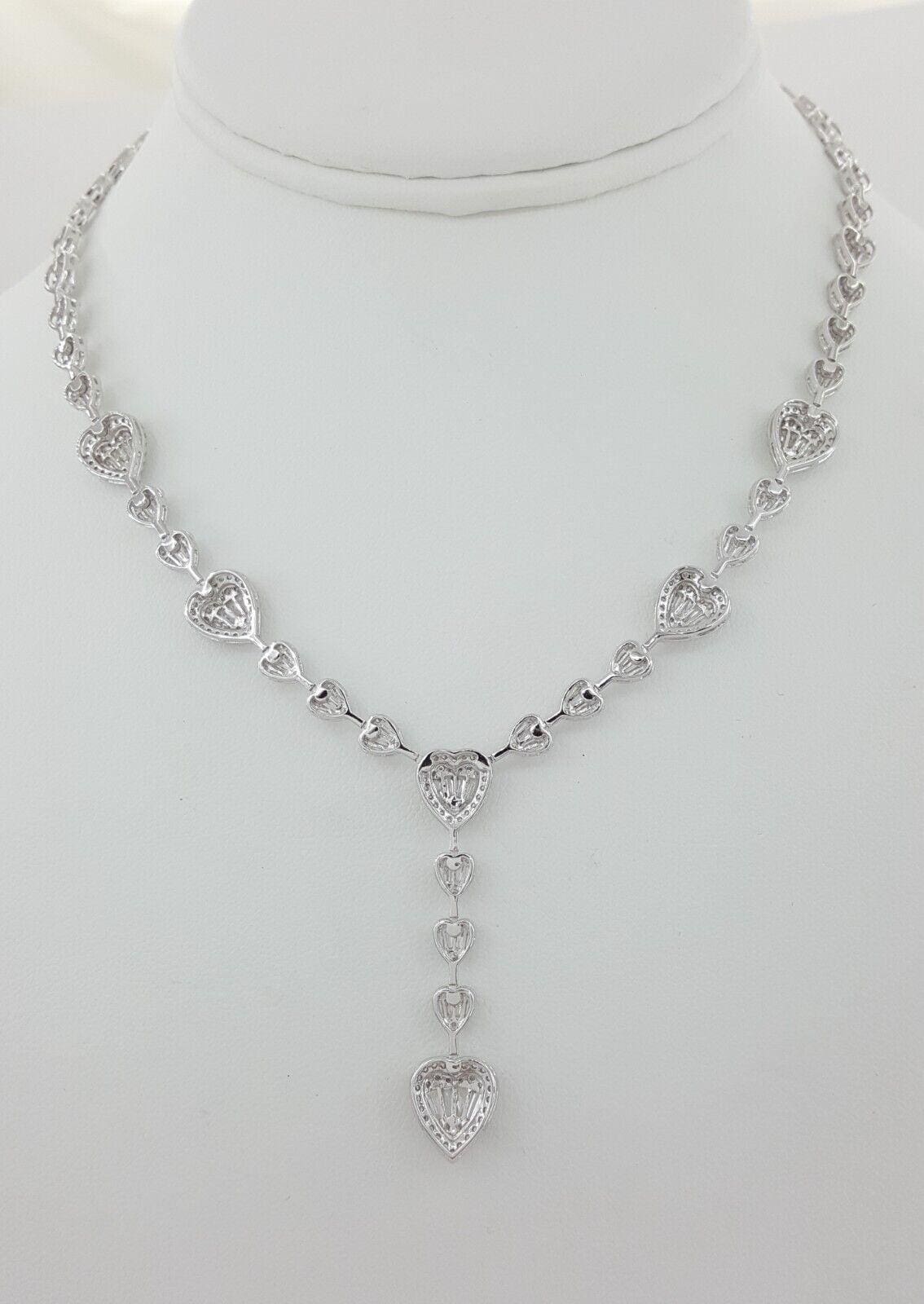 Round Baguette Diamond Heart Shape Drop Lariat Necklace 18K W Gold 7 ct