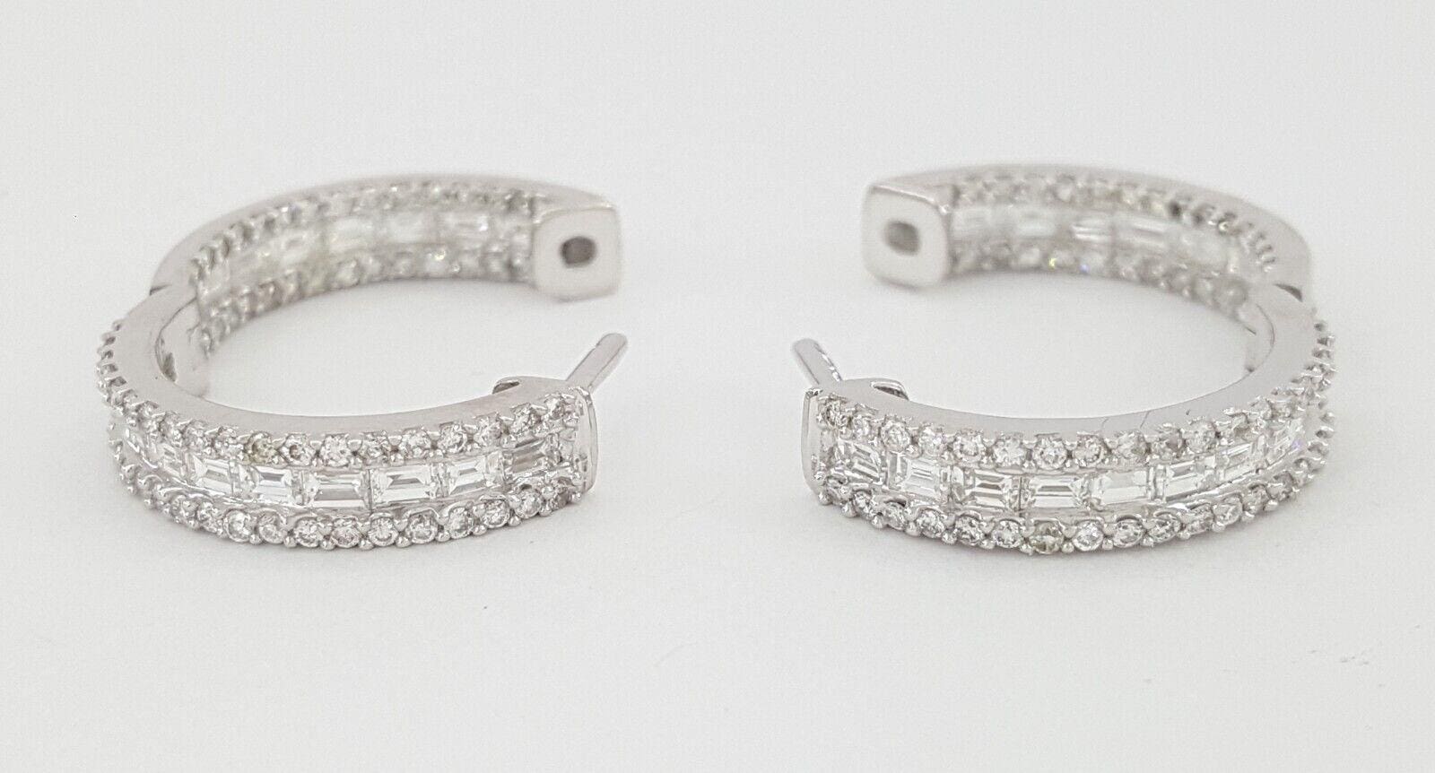 2.14 ct Baguette & Round Diamond Inside Out Round Huggie Hoop Earrings 18K Gold