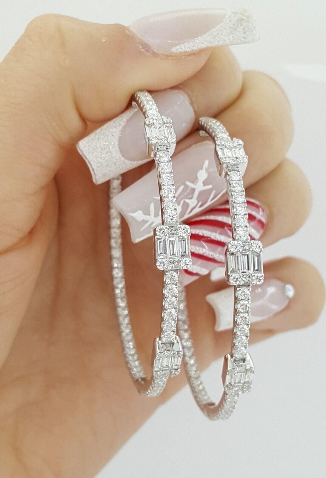 Baguette Round Princess Diamond Inside Out Round Hoop Earrings 4.7 ct 18K W Gold