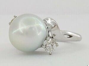Antique 14K Gold 11 mm Pearl & 0.6 ct Old European Cut Diamond Ring