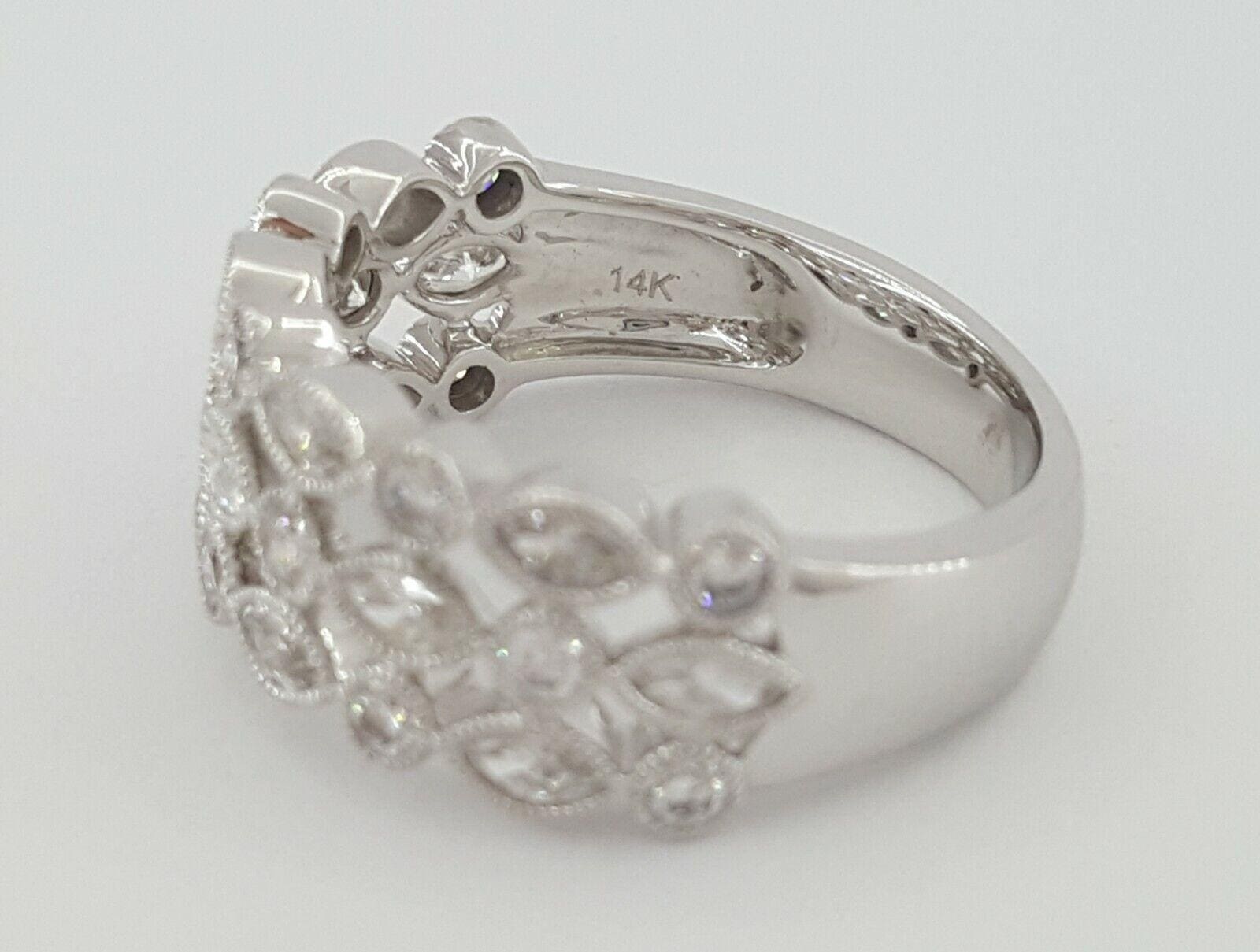3 Row Round & Marquise Cut Diamond Band Ring 8.5 mm 1.34 ct 14K White Gold