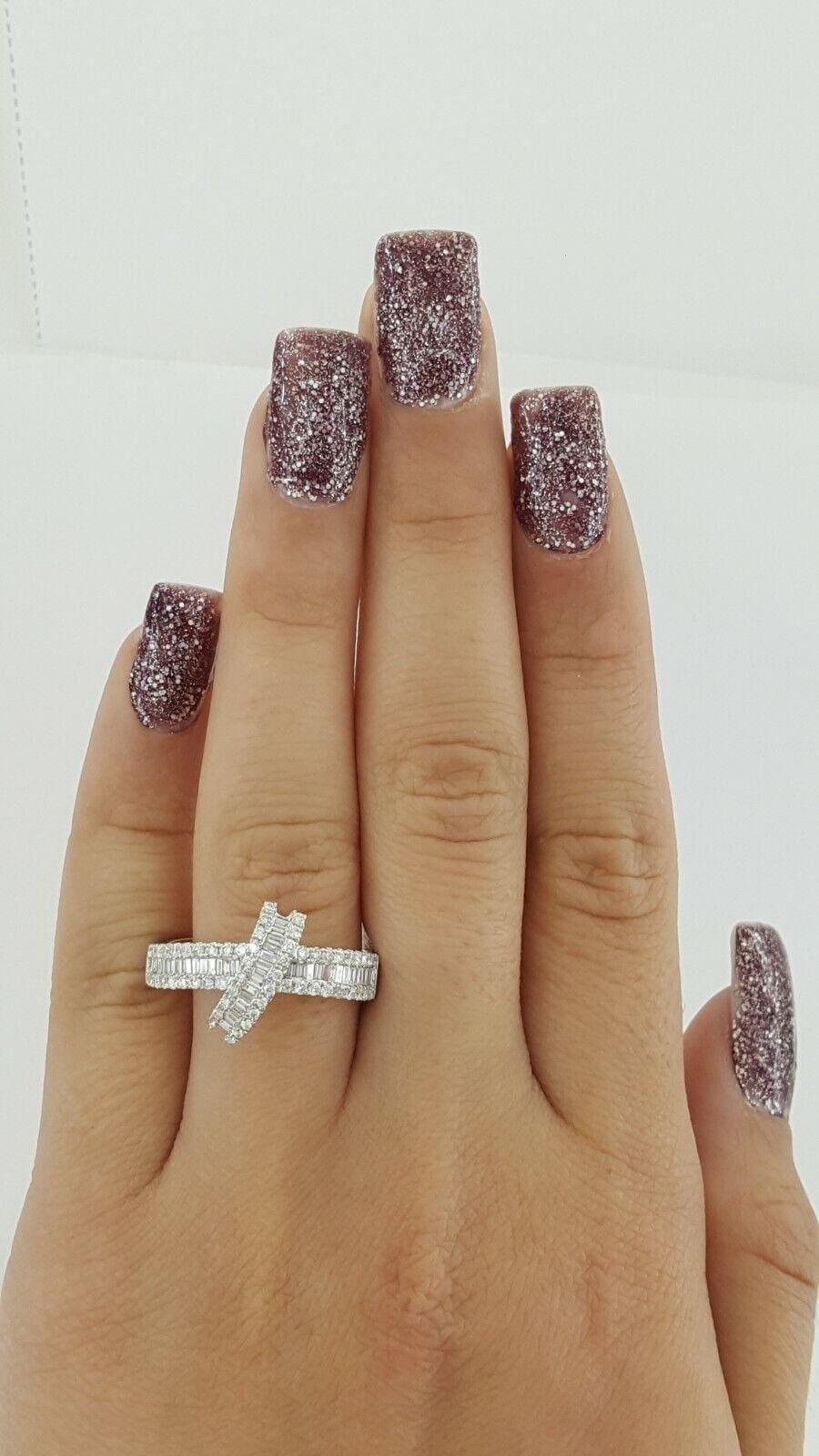 3-Row Round & Baguette Cut Diamond "X" Ring 0.72 ct 18K White Gold