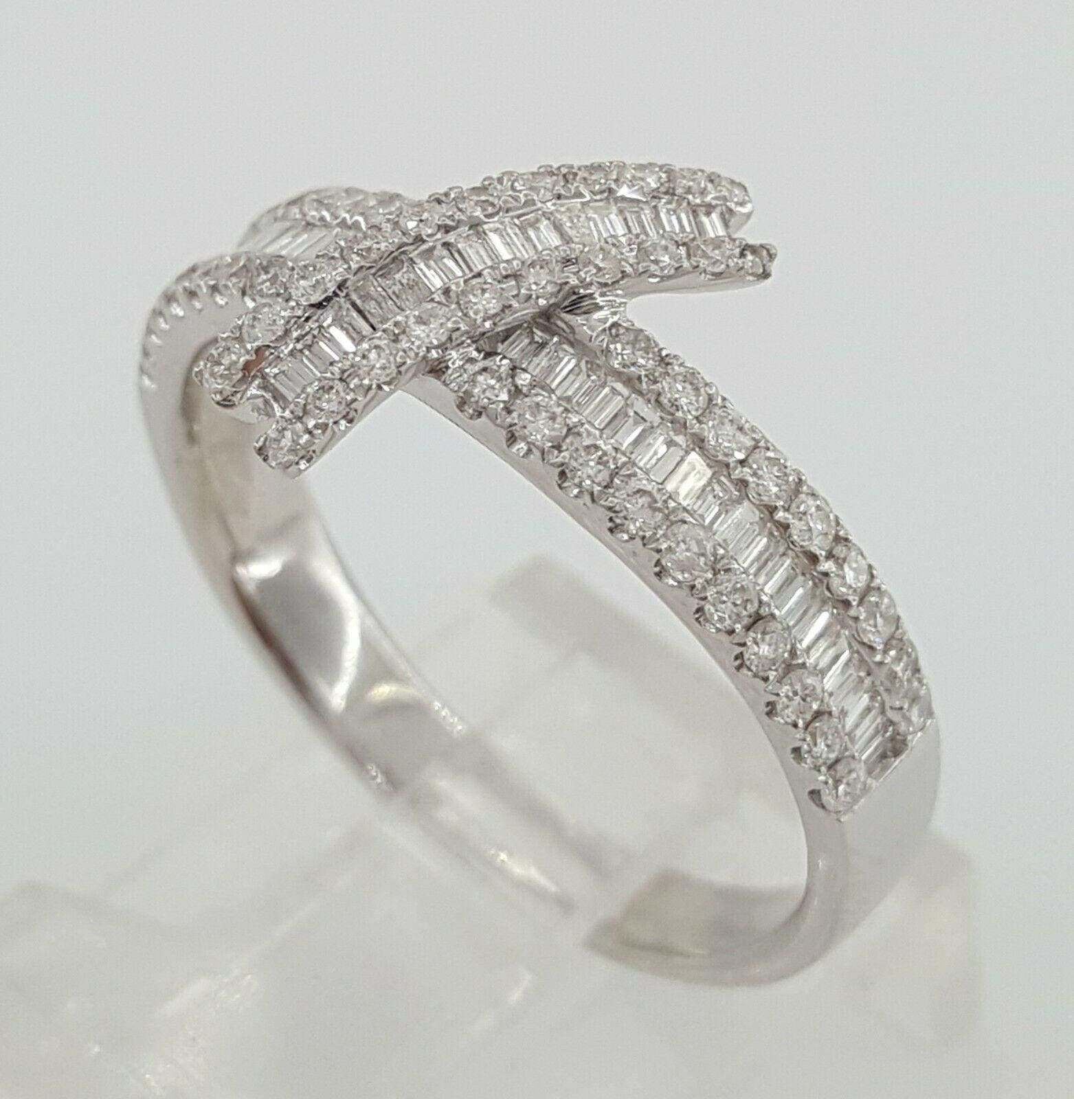3-Row Round & Baguette Cut Diamond "X" Ring 0.72 ct 18K White Gold