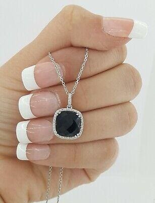 2.74 ct 14K White Gold Cushion Cut Black Agate & Diamonds Halo Pendant Necklace