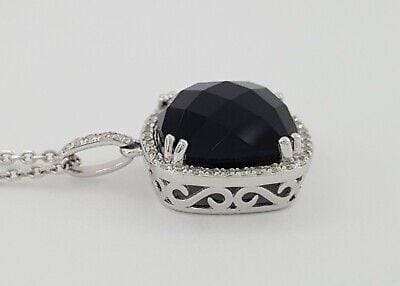 2.74 ct 14K White Gold Cushion Cut Black Agate & Diamonds Halo Pendant Necklace