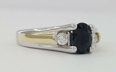 1.12 ct 14K 2-Tone Gold Oval Blue Sapphire Diamond Three 3-Stone Ring Size 6.5