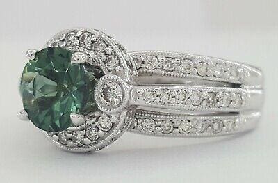 Round Green Tourmaline & Diamonds Halo Statement Ring 18K White Gold 1.95 ctw