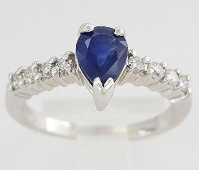 14k White Gold 0.95 ct Pear Sapphire & Round Diamond Engagement Anniversary Ring
