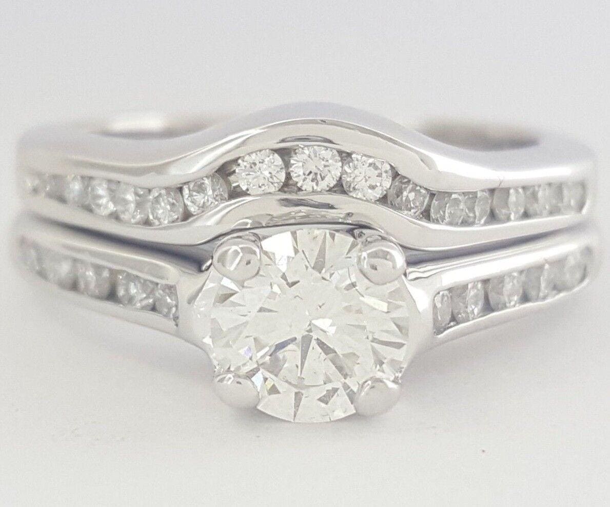 Round Cut Diamond Channel Wedding Engagement Ring Set 0.86 ct 14K White Gold