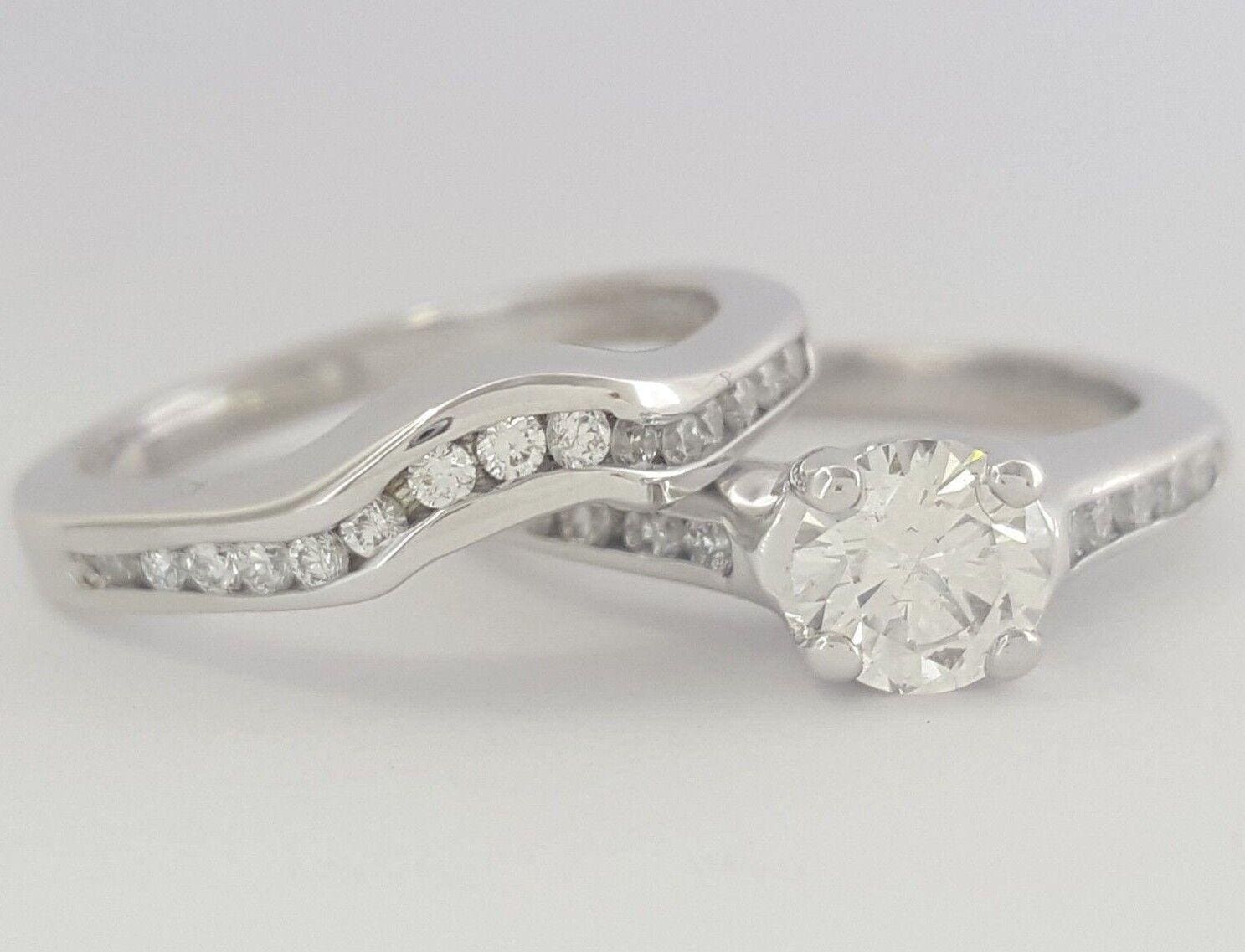 Round Cut Diamond Channel Wedding Engagement Ring Set 0.86 ct 14K White Gold