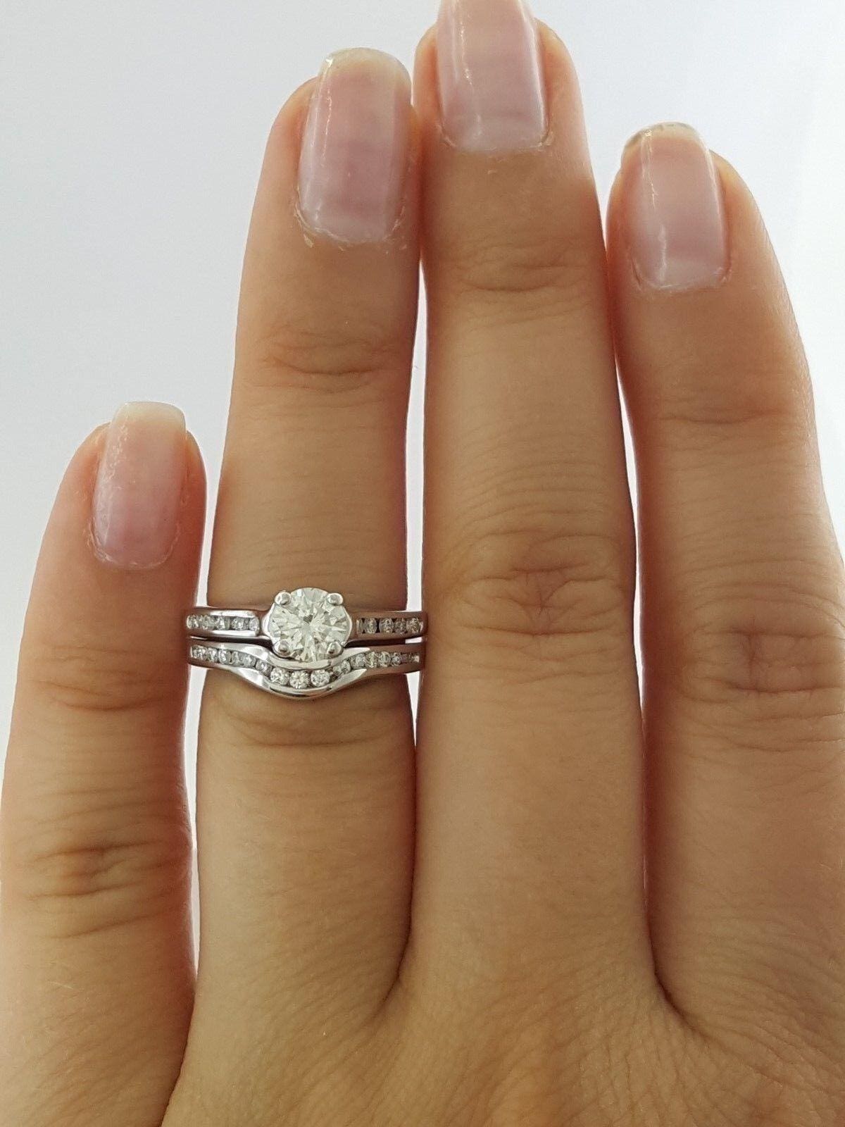 Round Cut Diamond Channel Wedding Engagement Ring Set 0.86 ct 14K White Gold