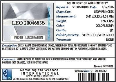 Leo Princess Diamond Solitaire Engagement Ring 0.97 ct 14K & Platinum F / SI1