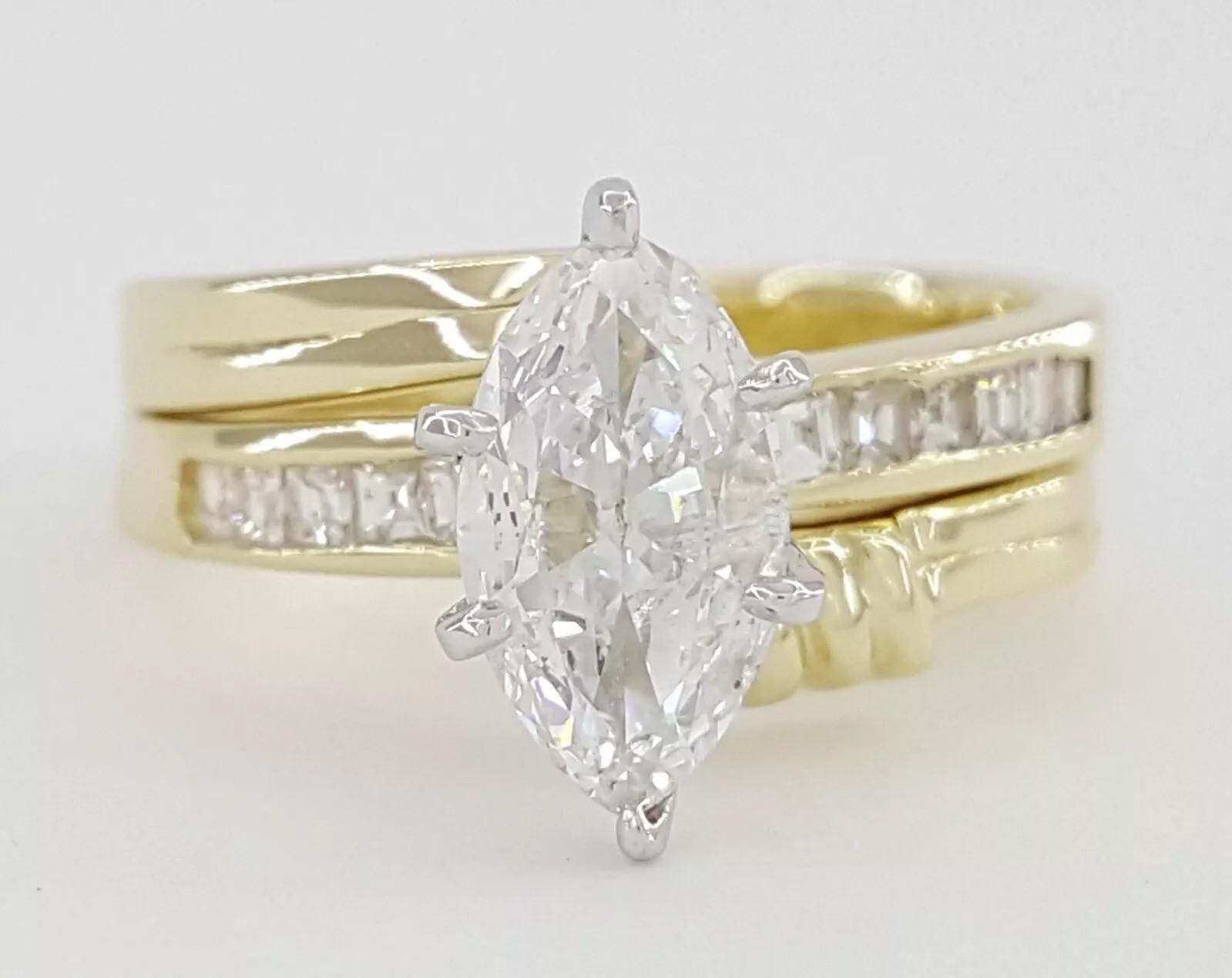 Marquise Diamond Engagement Ring Wedding Band Set 0.95 ct 14k Yellow Gold 3995