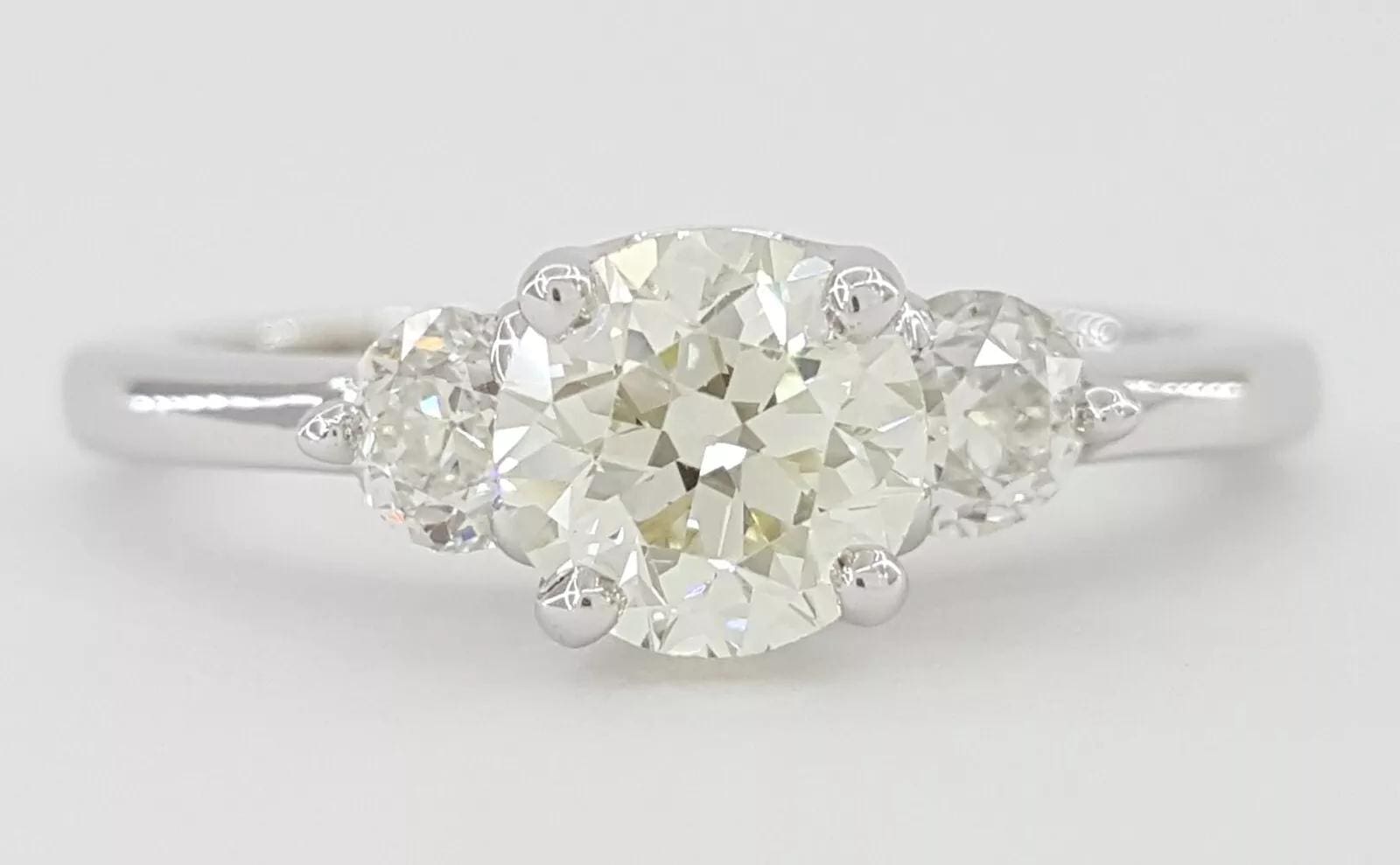 Antique Old European Cut Diamond 3-Stone Engagement Ring 1.29 ct 14K White Gold