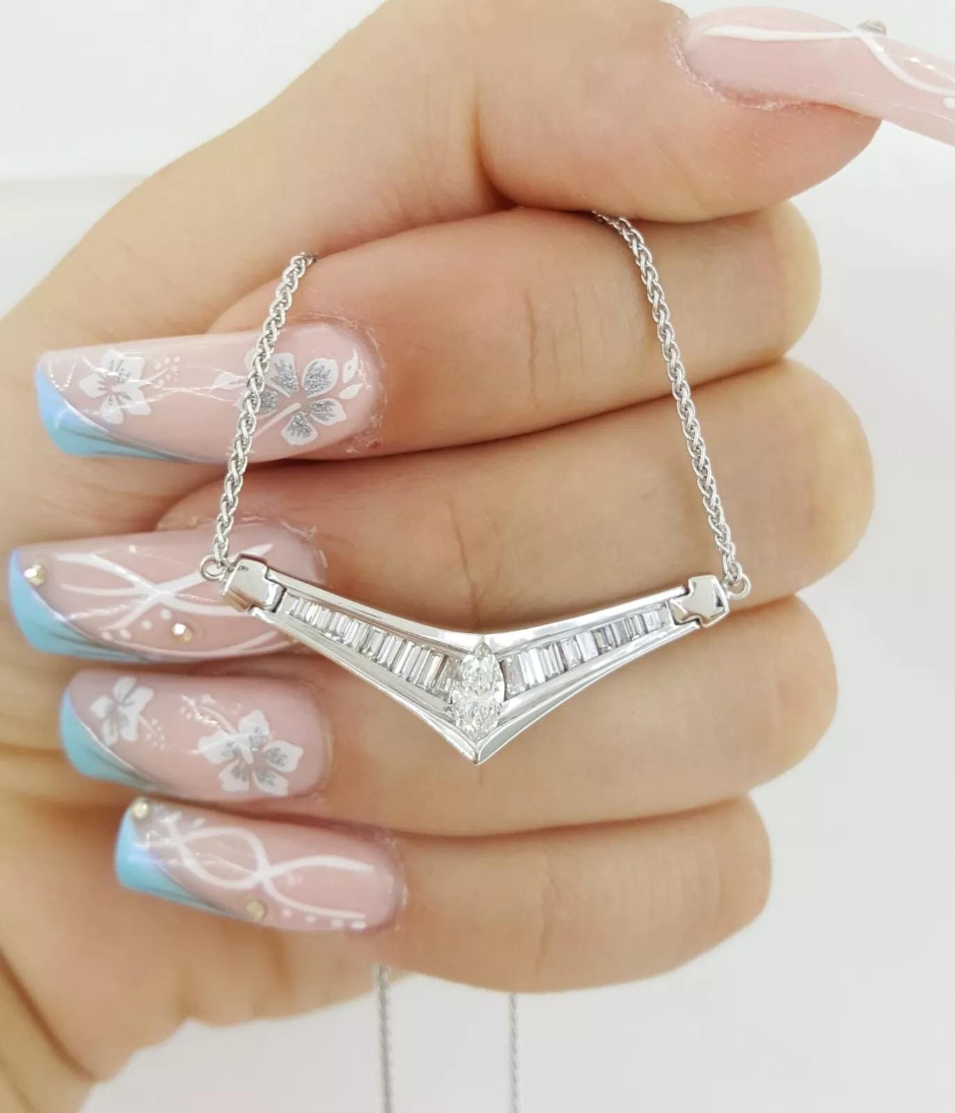 Marquise & Baguette Cut Diamond Necklace 18" 0.95 ct 14K White Gold Rtl 2,295