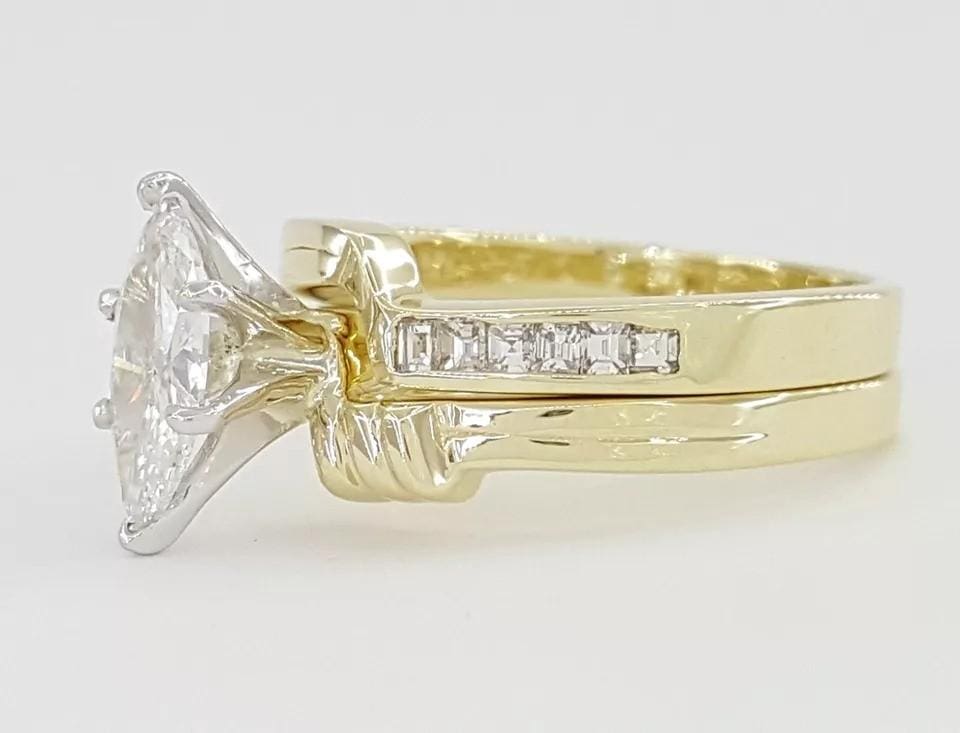 Marquise Diamond Engagement Ring Wedding Band Set 0.95 ct 14k Yellow Gold 3995