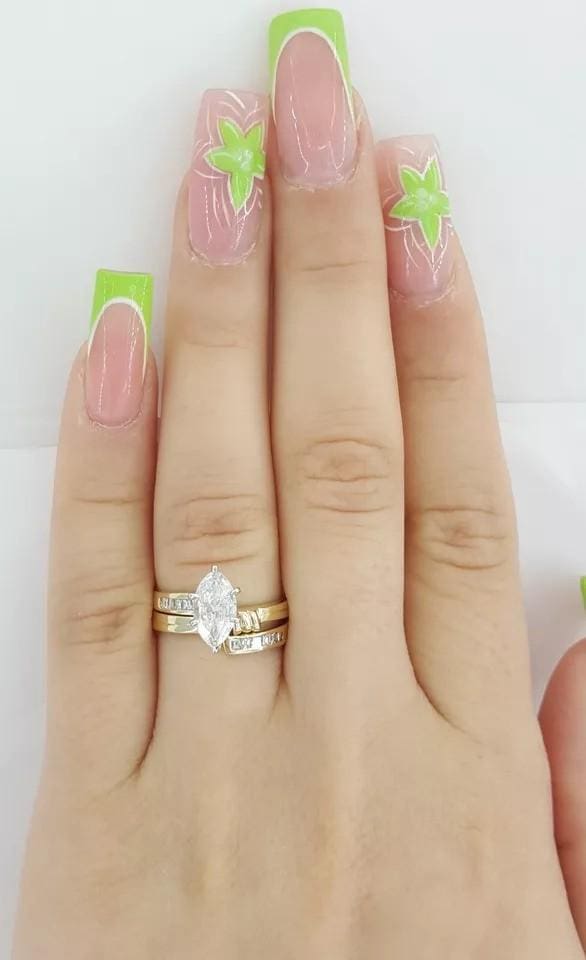 Marquise Diamond Engagement Ring Wedding Band Set 0.95 ct 14k Yellow Gold 3995