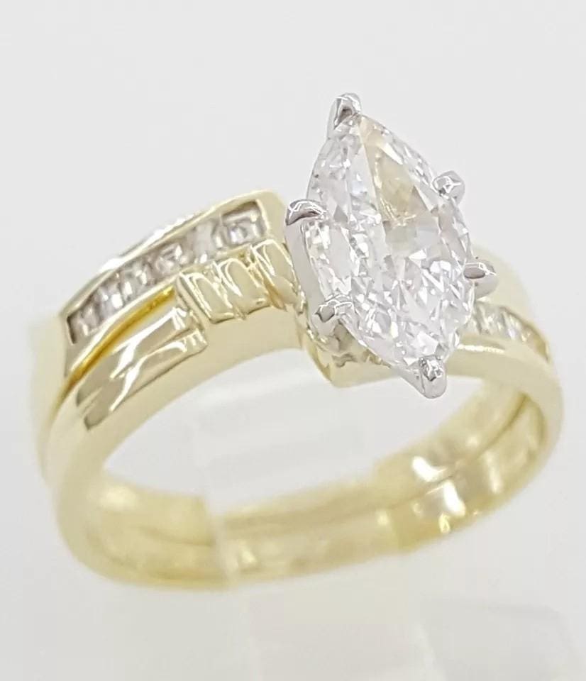Marquise Diamond Engagement Ring Wedding Band Set 0.95 ct 14k Yellow Gold 3995